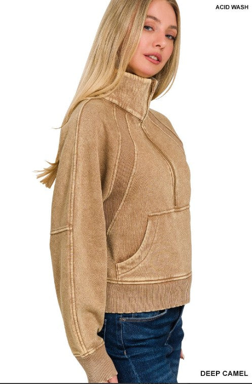 Deep Camel Acid Washed Half Zip Pullover