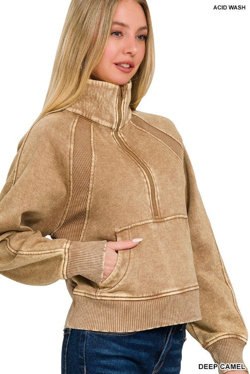 Deep Camel Acid Washed Half Zip Pullover