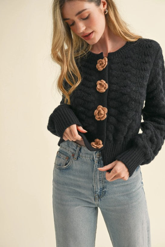 Black Textured Cardigan w/Knit Rosette Detail
