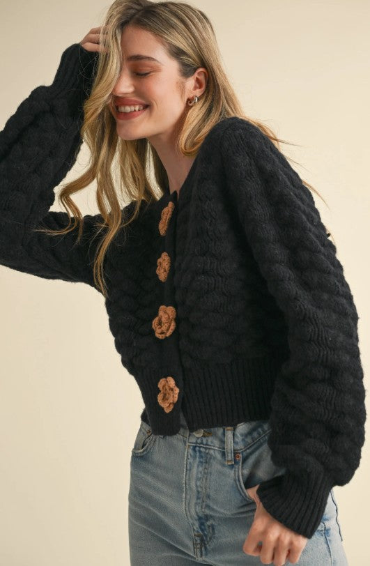 Black Textured Cardigan w/Knit Rosette Detail