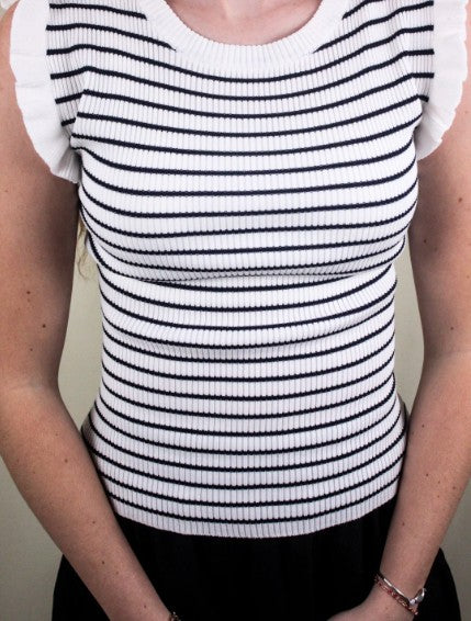 Striped Ribbed Knit Ruffle Sleeve Top