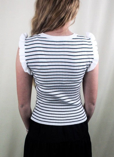 Striped Ribbed Knit Ruffle Sleeve Top