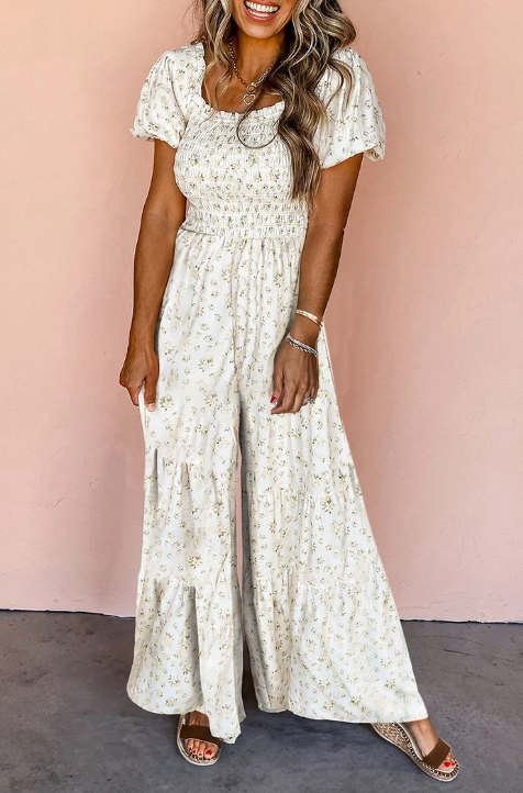 White Boho Floral Smocked Wide Leg Jumpsuit