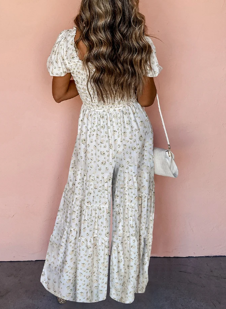 White Boho Floral Smocked Wide Leg Jumpsuit