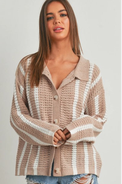 Taupe/Ivory Striped Button Up Oversized Chenille Cardigan