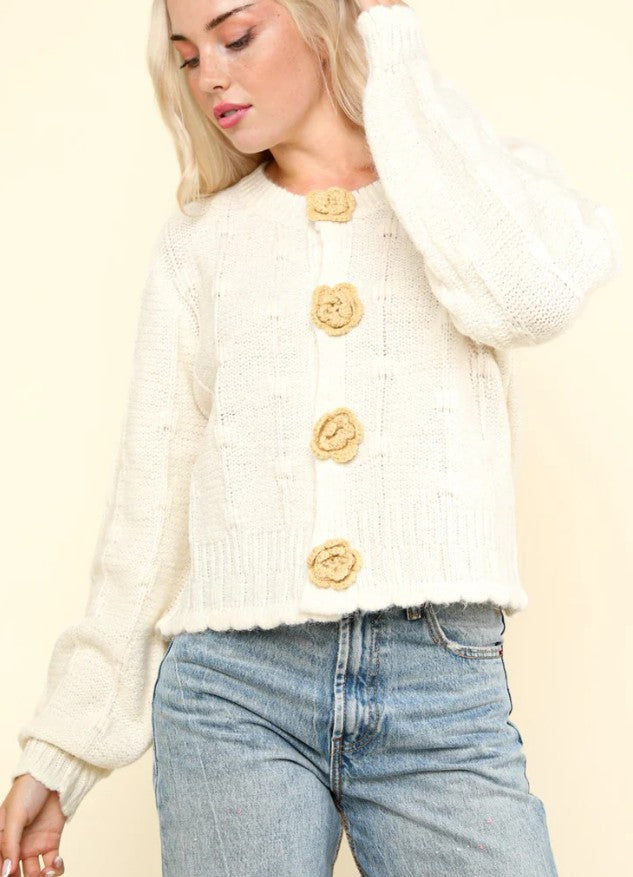 Floral Button Cropped Knit Cardigan