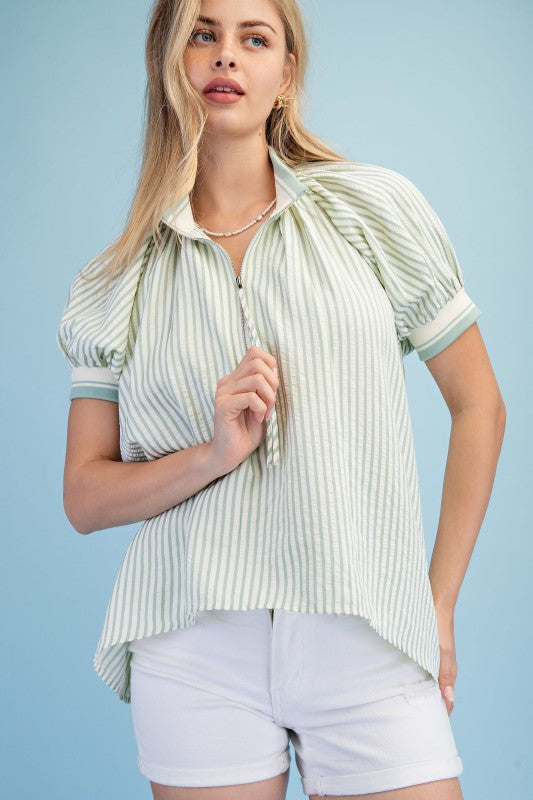 Zooey Pistachio Striped Zip Top
