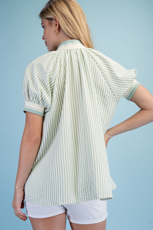 Zooey Pistachio Striped Zip Top
