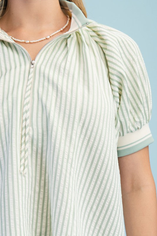 Zooey Pistachio Striped Zip Top
