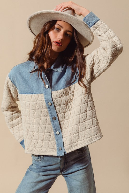 Denim/Oatmeal Triangle Quilted Button Up Jacket