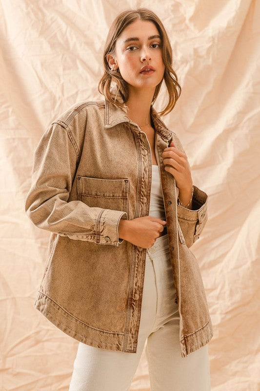 Vintage Taupe Washed Button Down Shacket