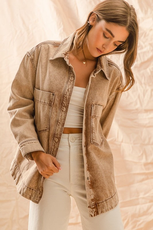Vintage Taupe Washed Button Down Shacket