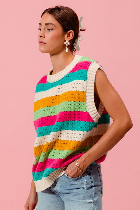 Cream Multi Colored Stripe Sweater Vest
