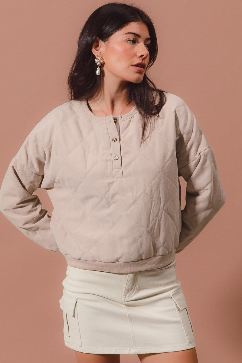 Taupe Washed Quilted Pullover Top w/Button