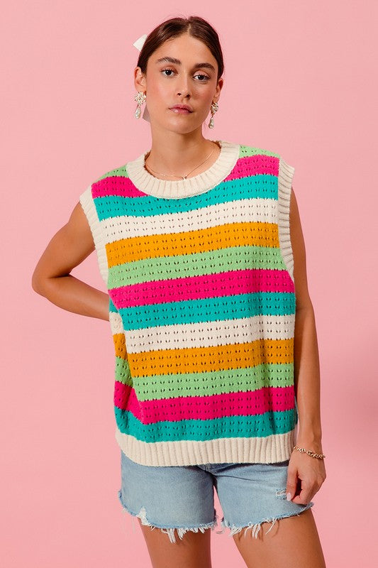 Cream Multi Colored Stripe Sweater Vest