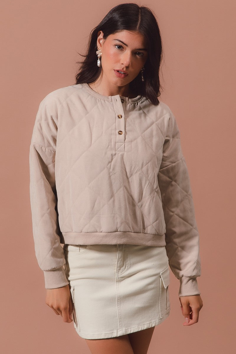 Taupe Washed Quilted Pullover Top w/Button