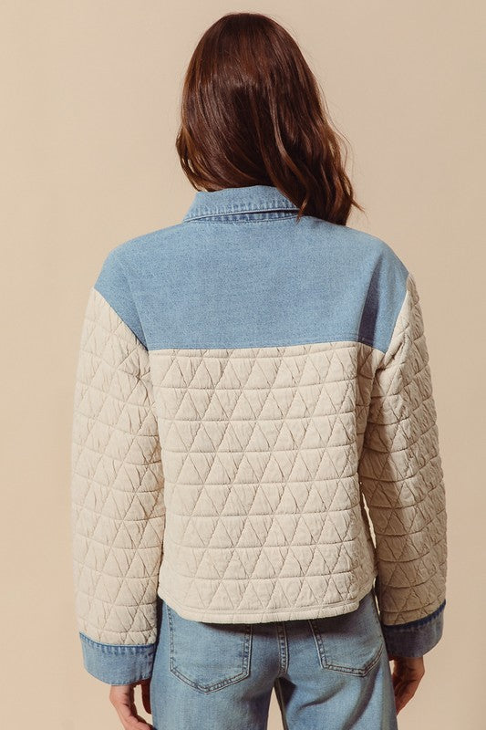 Denim/Oatmeal Triangle Quilted Button Up Jacket