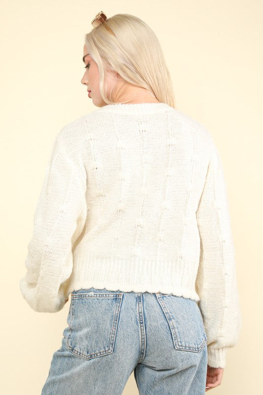 Floral Button Cropped Knit Cardigan