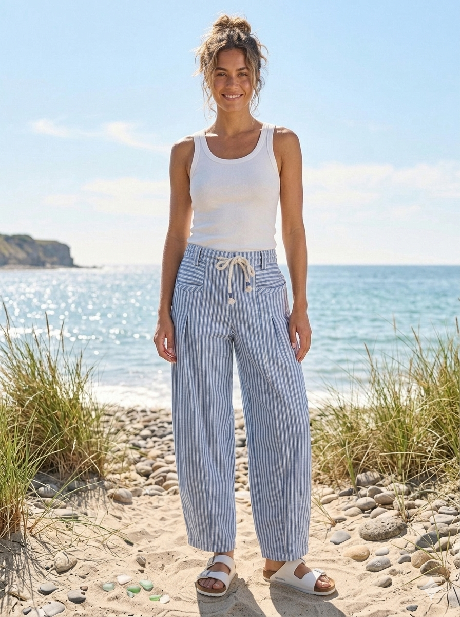 Lila Sky Blue Striped Barrel Pants