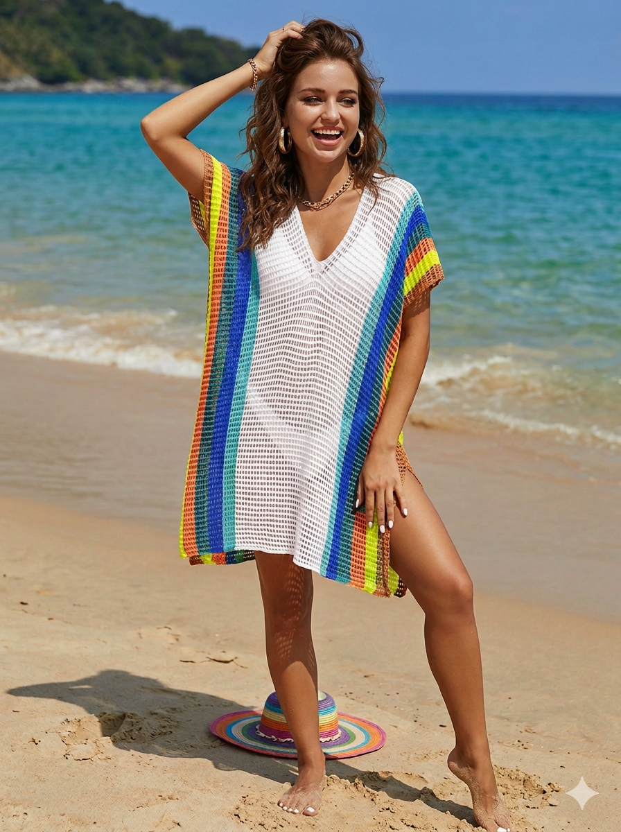 Rainbow Striped Crochet Swimsuit Cover Up