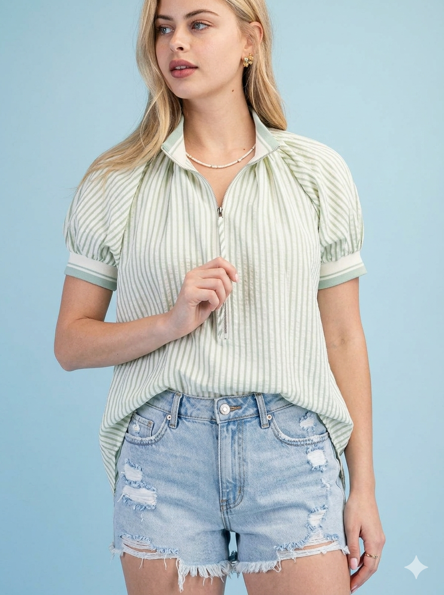 Zooey Pistachio Striped Zip Top