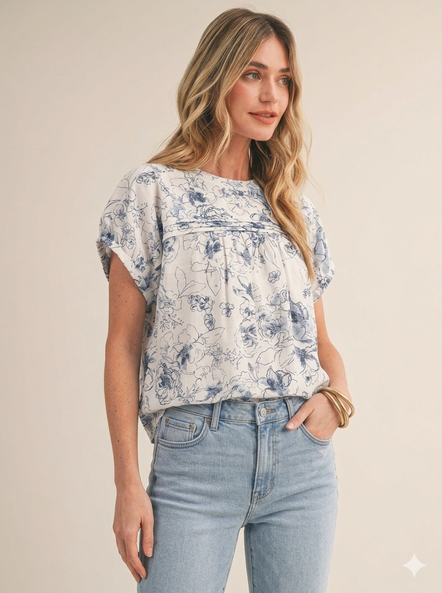 Bloom in Blue Pintuck Top