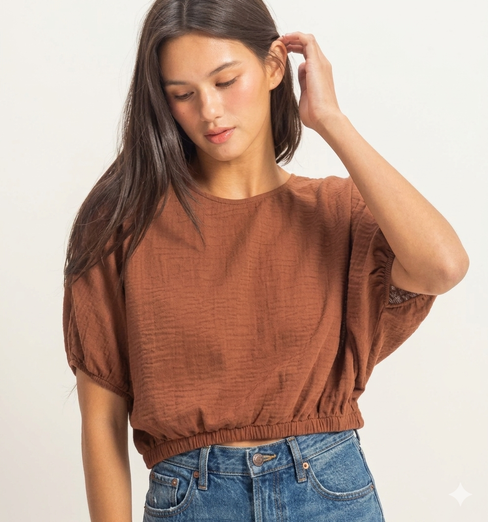Terracotta Textured Bubble Hem Blouse