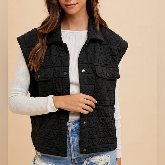Black Triangle Quilted Stitch Button Up Vest