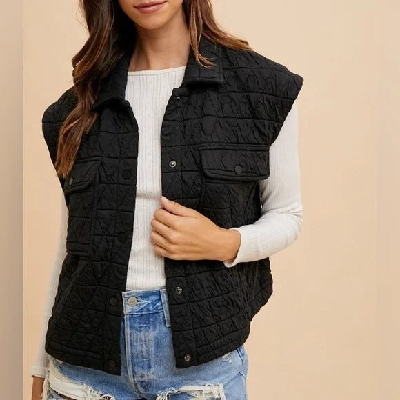 Black Triangle Quilted Stitch Button Up Vest