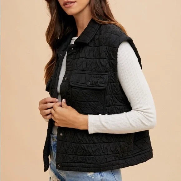 Black Triangle Quilted Stitch Button Up Vest