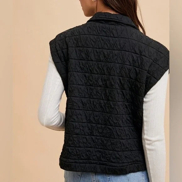 Black Triangle Quilted Stitch Button Up Vest